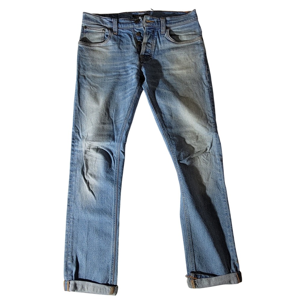 Nudie Jeans Co Grim Tim Slim Straight Light Wash Blue Denim Jeans 31x32